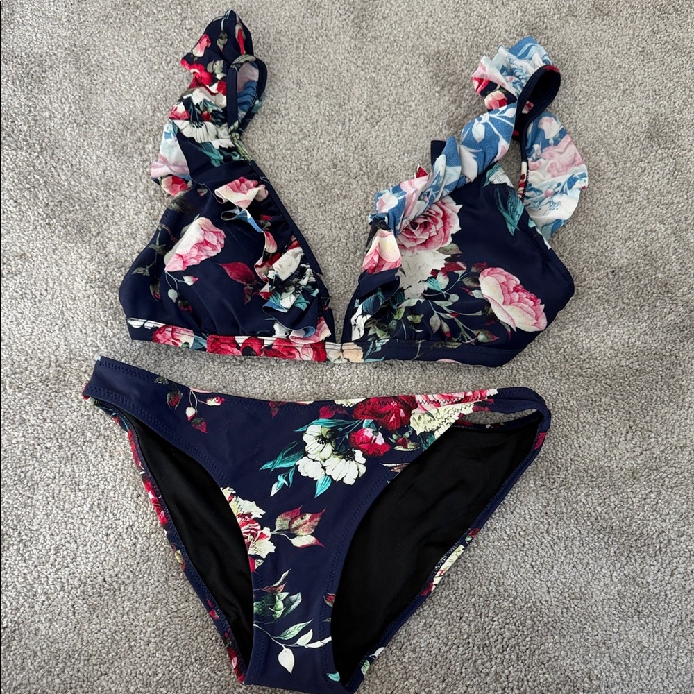 Cupshe Navy Floral Ruffle Triangle Bikini Set